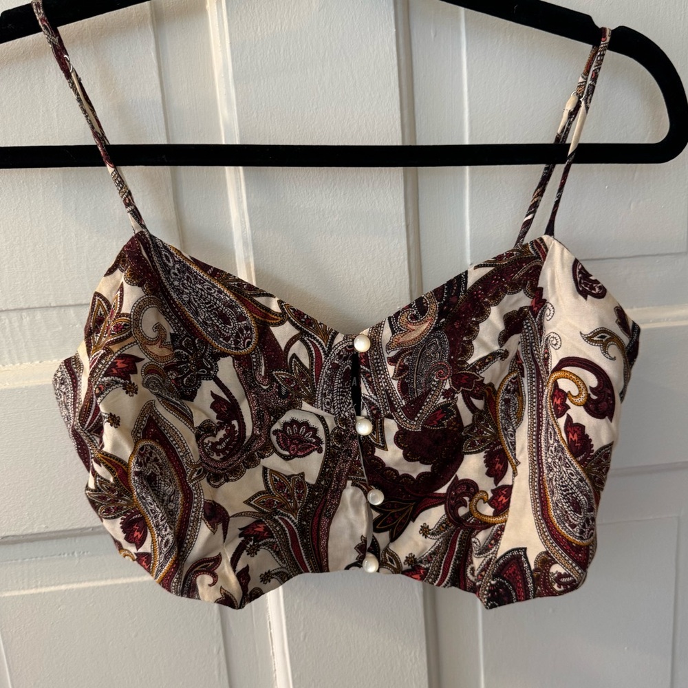After Party Paisley Button-Front Crop Top in Cream & Burgundy, XS